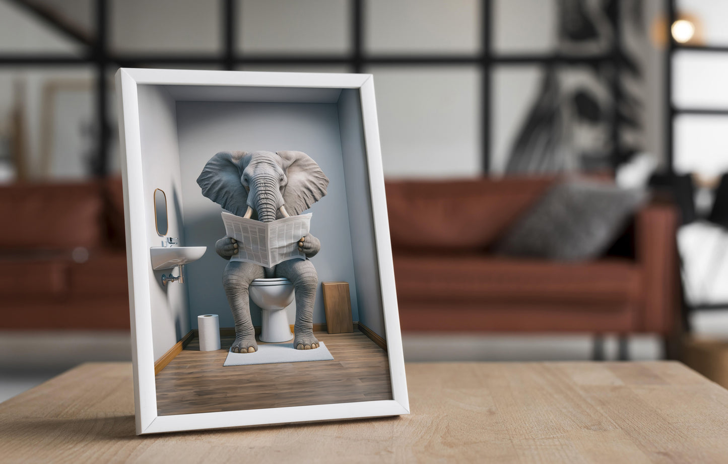 Elephant Reading Newspaper Toilet Poster - Funny Bathroom Wall Art - Unique WC Decor Gift