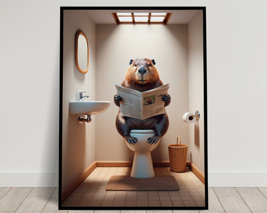 Beaver Reading Newspaper on Toilet Poster - Funny Bathroom Decor Art | Unique Gag Gift for Bathroom Wall