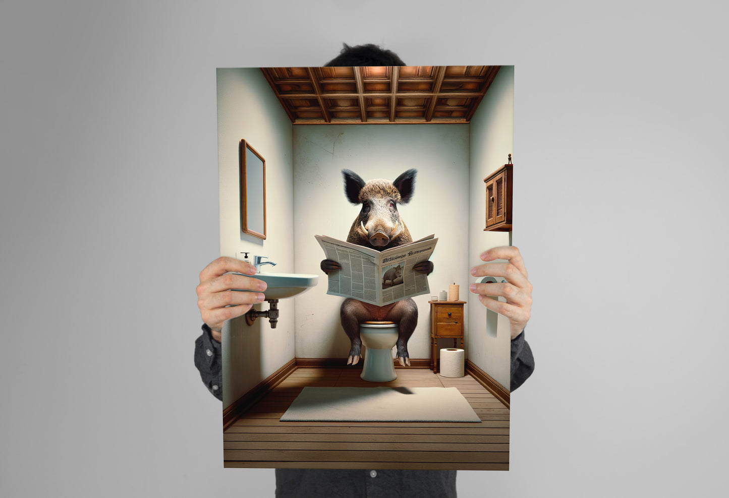 Quirky Boar Reading Newspaper Bathroom Wall Art - Funny WC Toilet Poster & Unique Gag Gift Decor