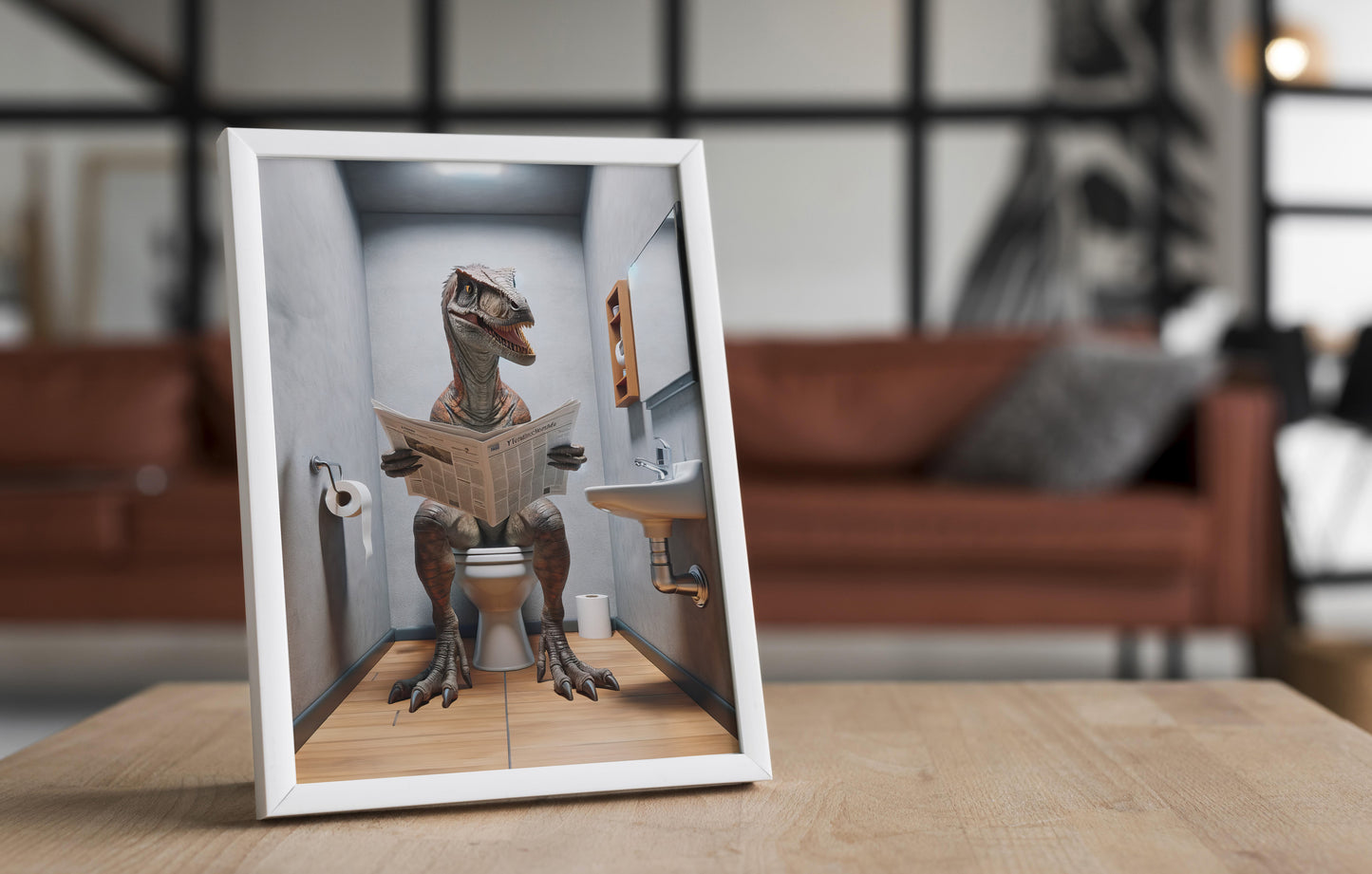 Velociraptor Reading Newspaper Toilet Poster – Funny Bathroom Wall Art Décor, Unique Gag Gift