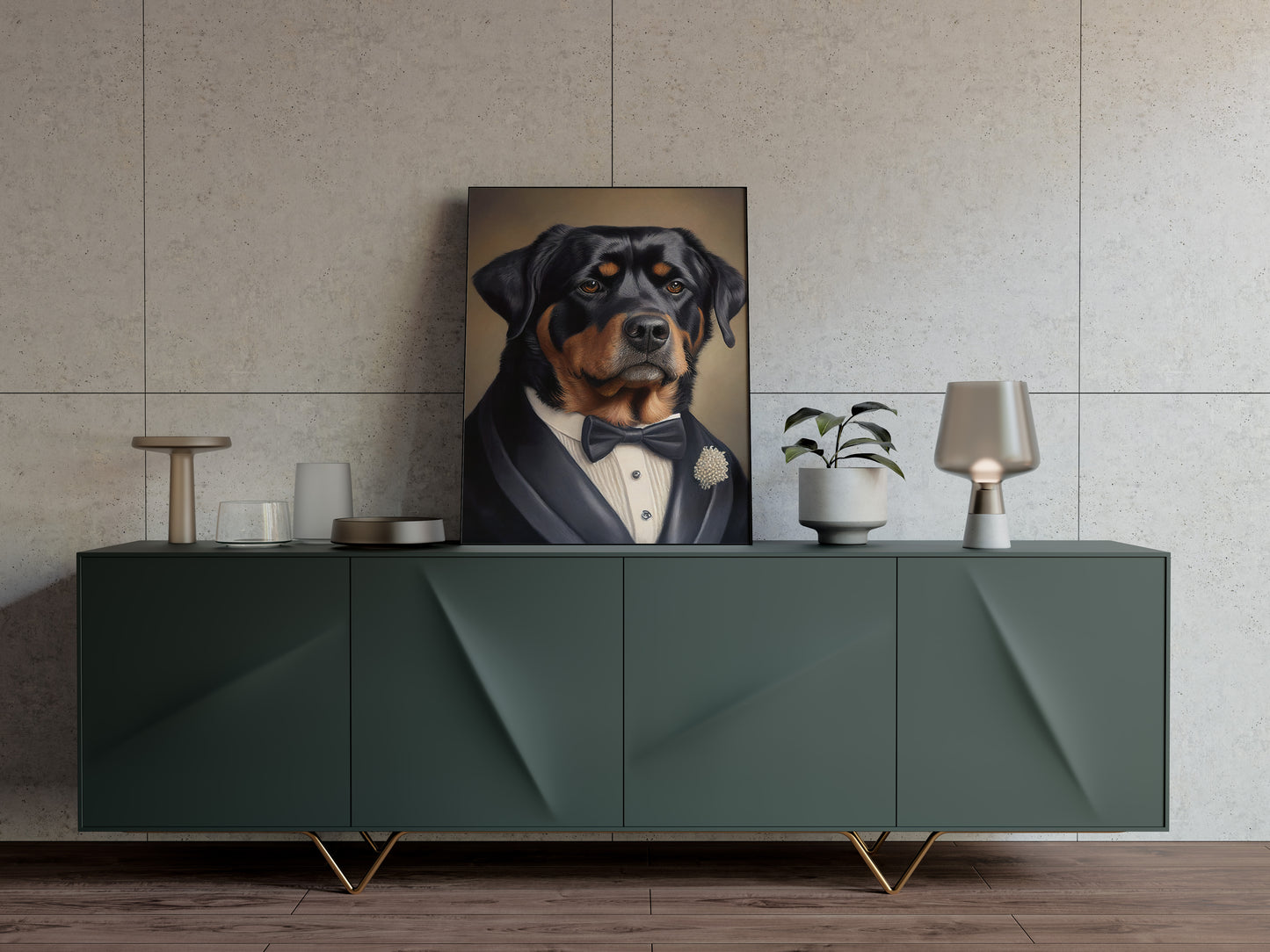 Rottweiler in Tuxedo Poster - Chic Wall Art Print, Humorous Dog Painting for Home Decor