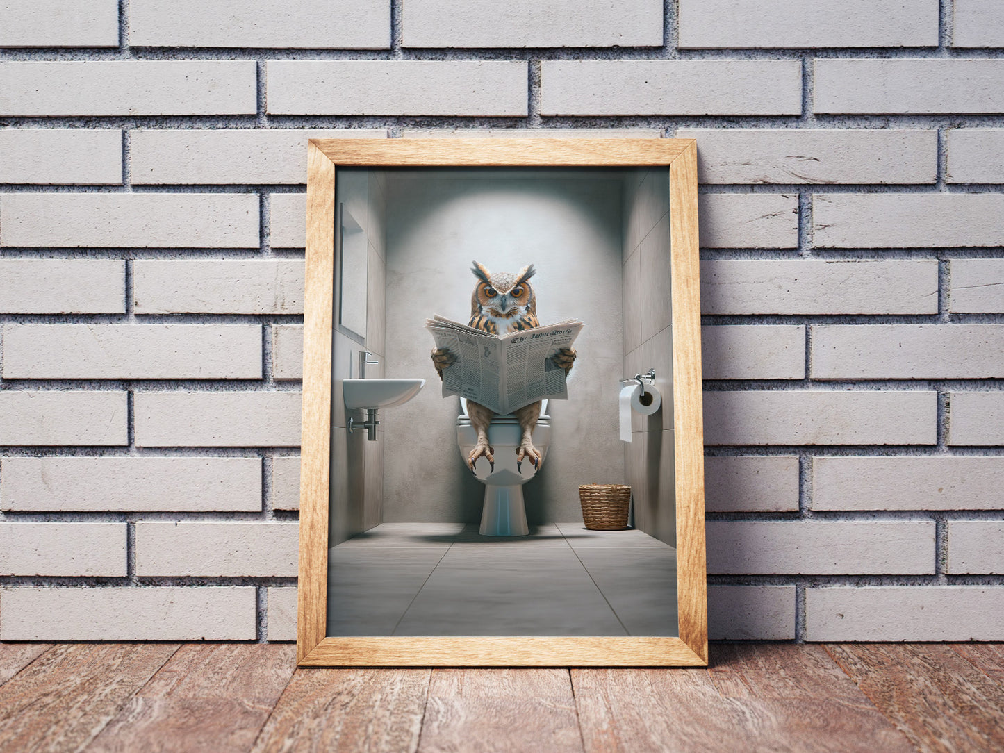 Owl Reading Newspaper on Toilet Poster - Funny Bathroom Wall Art - Unique WC Decor - Perfect Gag Gift