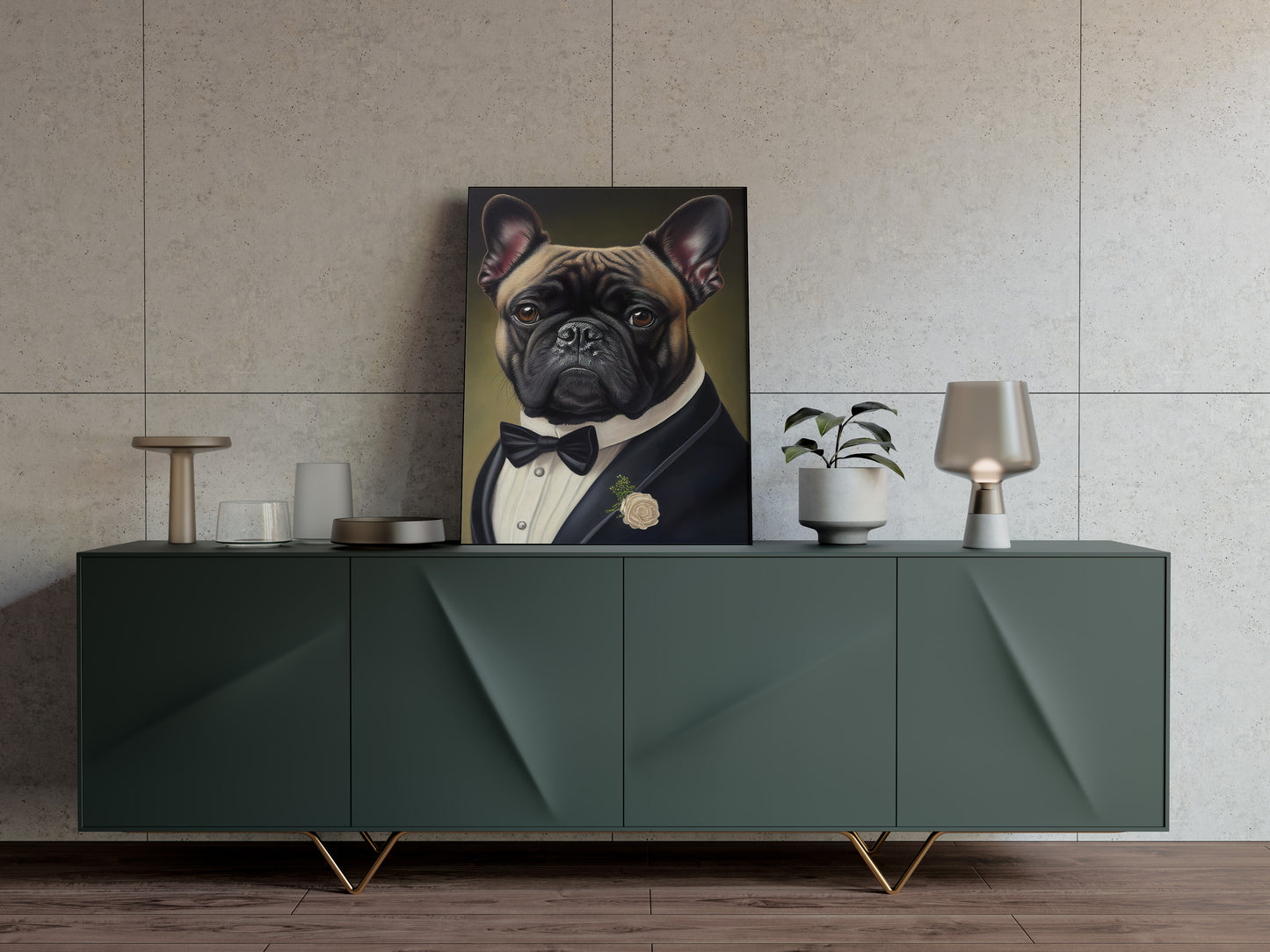 Poster chien chic - Portrait Bulldog français en smoking et tuxedo, Impression murale humoristique, Tableau déco murale