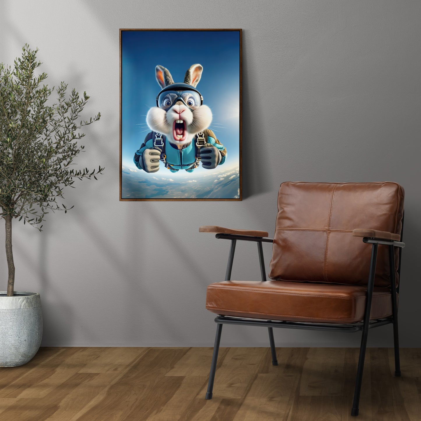 Affiche Murale Lapin en Parachute - Poster Animal Extrême - Décor Sport Aventure - Idée Cadeau Originale