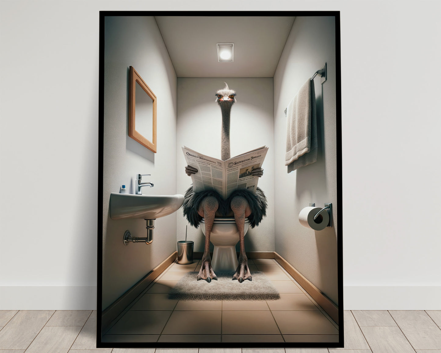 Ostrich on Toilet Reading Newspaper Poster | Funny Bathroom Decor | Wall Art for WC | Unique Gag Gift