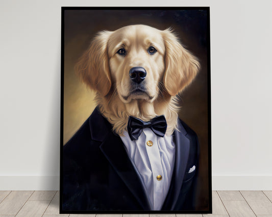 Affiche portrait Golden Retriever en smoking | Poster décoration murale animaux | Art mural élégant