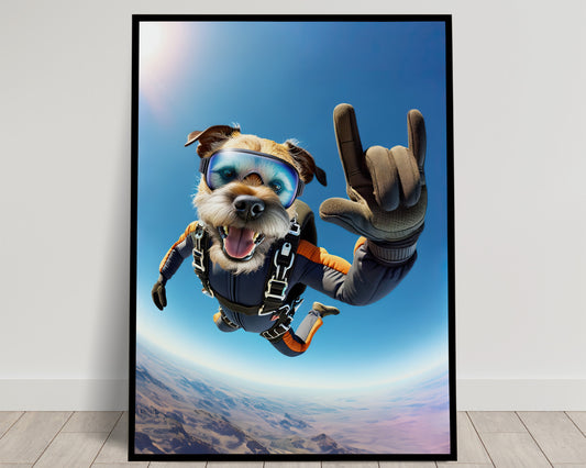 Affiche murale Border Terrier en chute libre, Poster Chien Skydiving, Décor Sport Extrême, Idée cadeau unique pour amateurs de sensations fortes