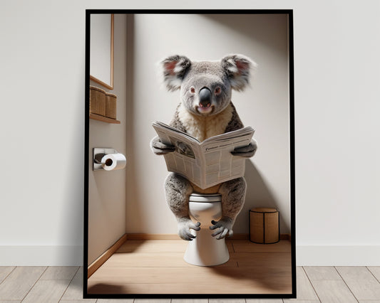 Funny Koala Reading Newspaper on Toilet Poster - Quirky Bathroom Wall Art Décor - Unique Gag Gift