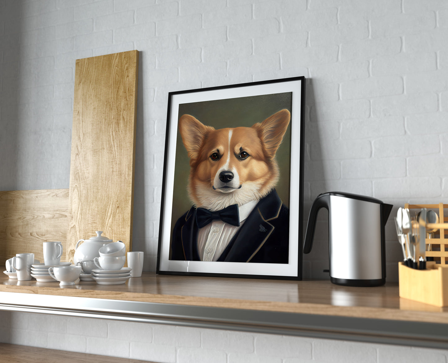 Chic Corgi Tuxedo Poster – Animal Wall Decoration, Portrait of Corgi in Tuxedo Wall Art