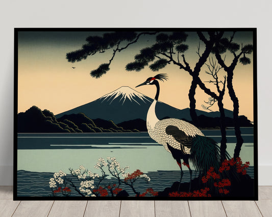 Poster Art Japonais Grue du Japon Levé de Soleil, Paysage Lac Montagne, Décoration Murale Asiatique Cadre