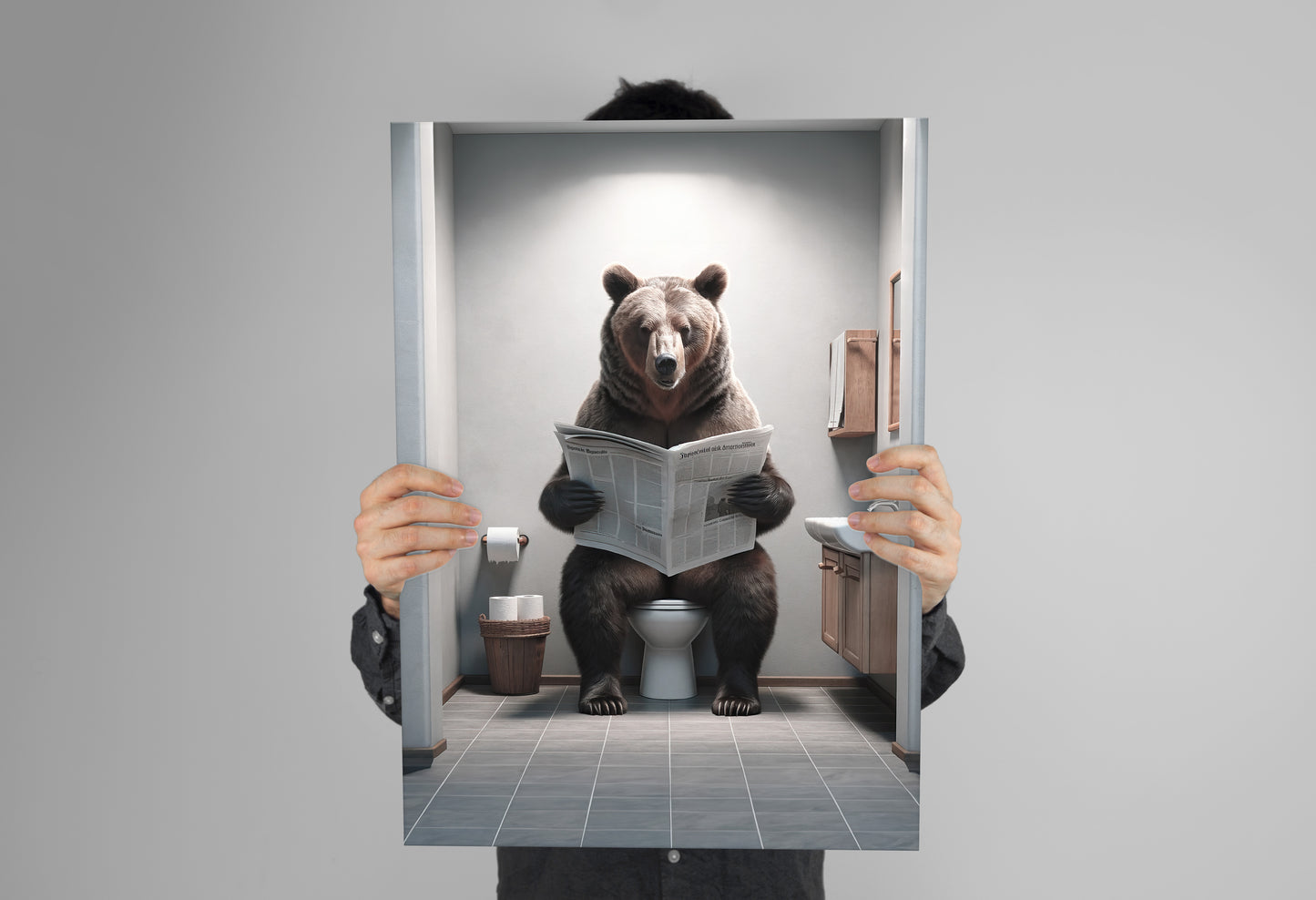 Brown Bear Reading Newspaper Poster – Unique Funny Bathroom Wall Art for WC – Perfect Decorative Gift