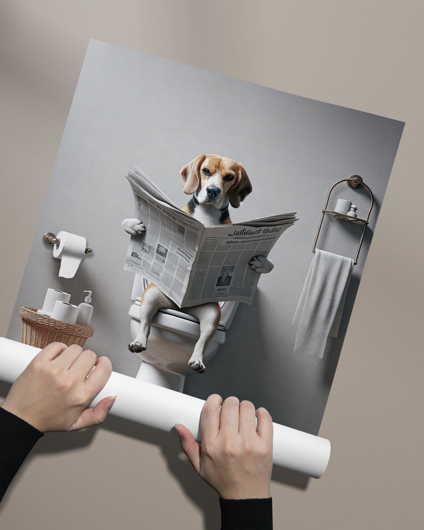 Poster Humoristique : Beagle Lisant le Journal aux Toilettes, Décoration Salle de Bain, Cadre et Cadeau Fun