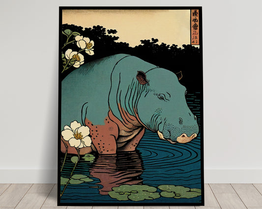 Poster Vintage Hippopotame Japonais, Art Mural Ukiyo-e, Affiche Murale Animale, Impression Décorative