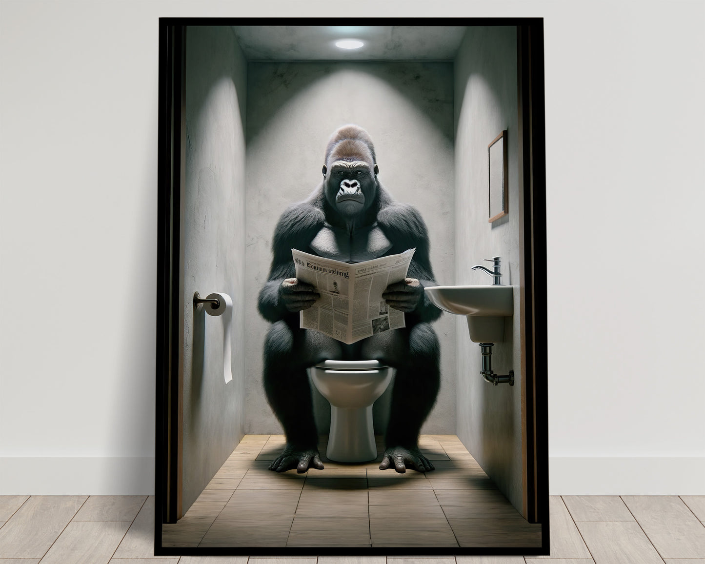 Gorilla Reading Newspaper on Toilet Poster – Funny Bathroom Wall Art, Unique WC Decor, Hilarious Gift Idea