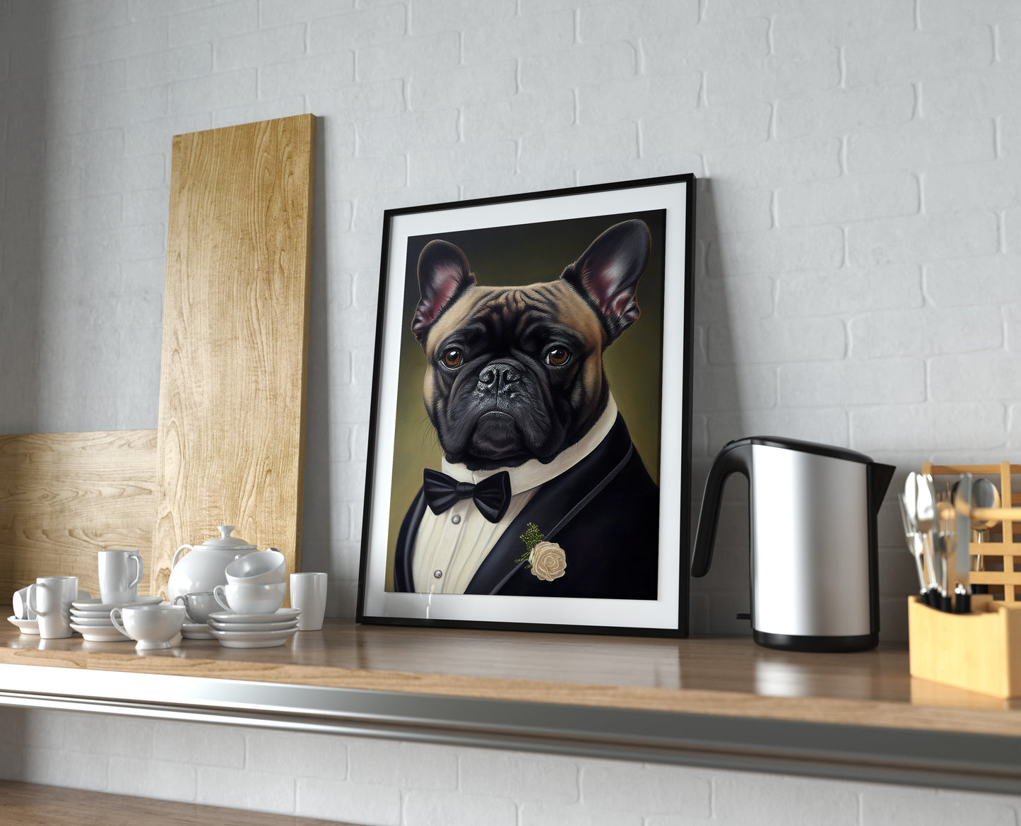 Poster chien chic - Portrait Bulldog français en smoking et tuxedo, Impression murale humoristique, Tableau déco murale