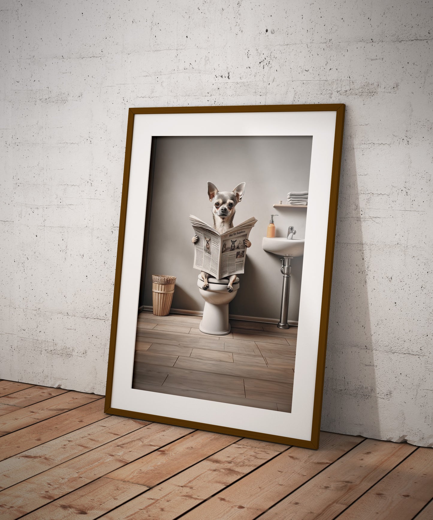 Poster Humoristique : Chihuahua Lisant sur Toilettes, Décoration Salle de Bain, Cadre Déco WC, Cadeau Amusant