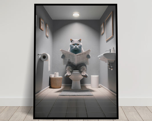 Affiche Murale Chat British Shorthair Lisant aux Toilettes, Déco Humour Salle de Bain & WC, Idée Cadeau Amusante