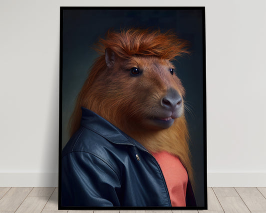 Affiche murale humoristique d'un capybara des années 80 avec coupe mulet, décoration murale originale, poster kitsch à encadrer