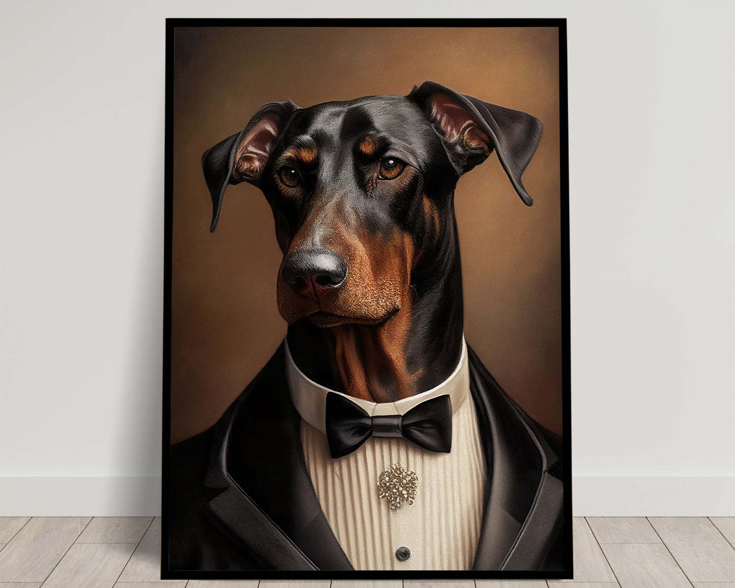 Chic Doberman Poster in Tuxedo | Humorous Dog Wall Art | Elegant Canine Decoration