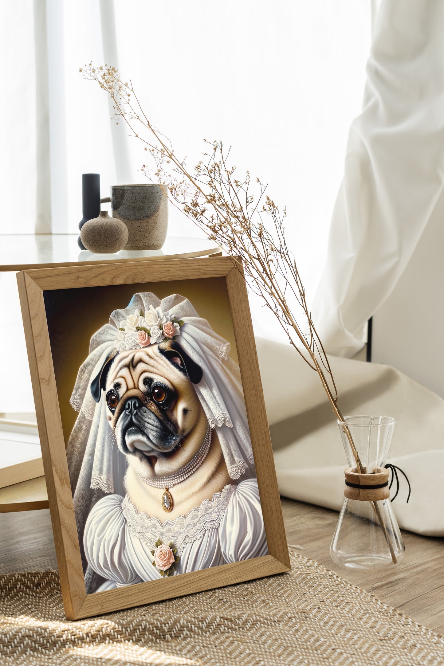 Affiche humoristique : Poster Chien Mariage, Décoration Murale Carlin en Robe de Mariée, Cadre Animaux