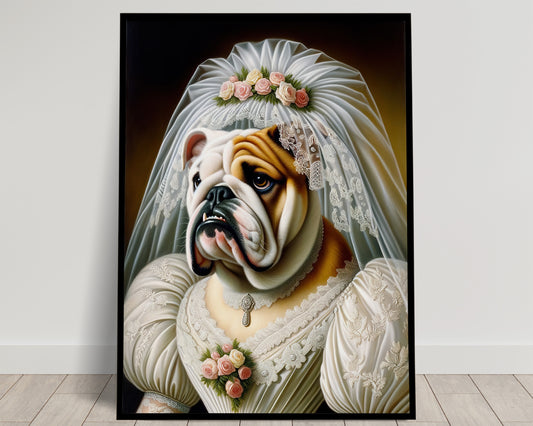 "Funny English Bulldog in Wedding Dress Poster - Unique Animal Wall Art Decor - Dog Bride Frame - Perfect Gift"