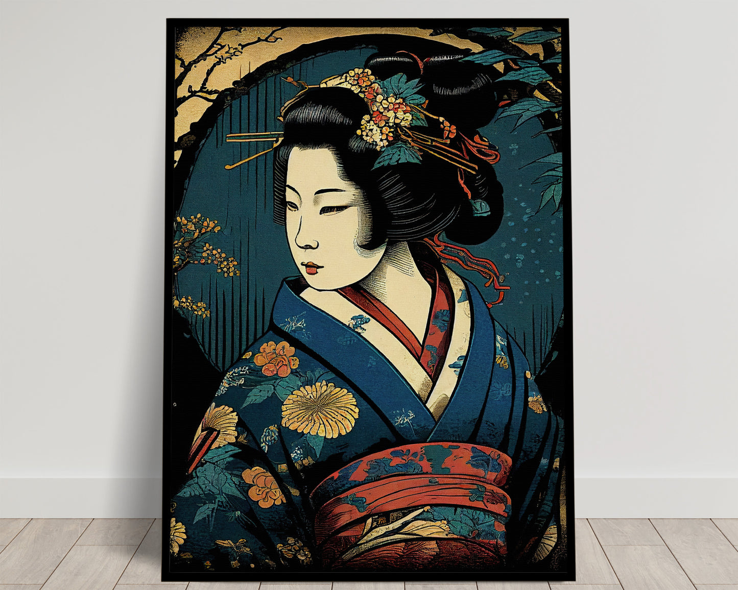 Poster Affiche Geisha au Kimono Bleu - Illustration Art Japonais, Décoration Murale Geiko Élégante