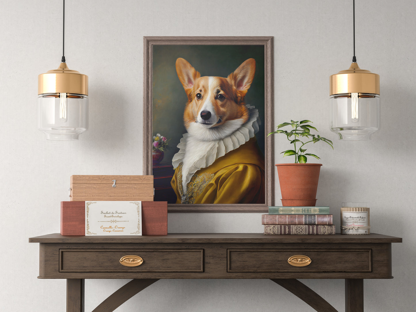 Poster chien baroque - Portrait noble de Corgi, illustration élégante pour décoration murale, art mural animaux