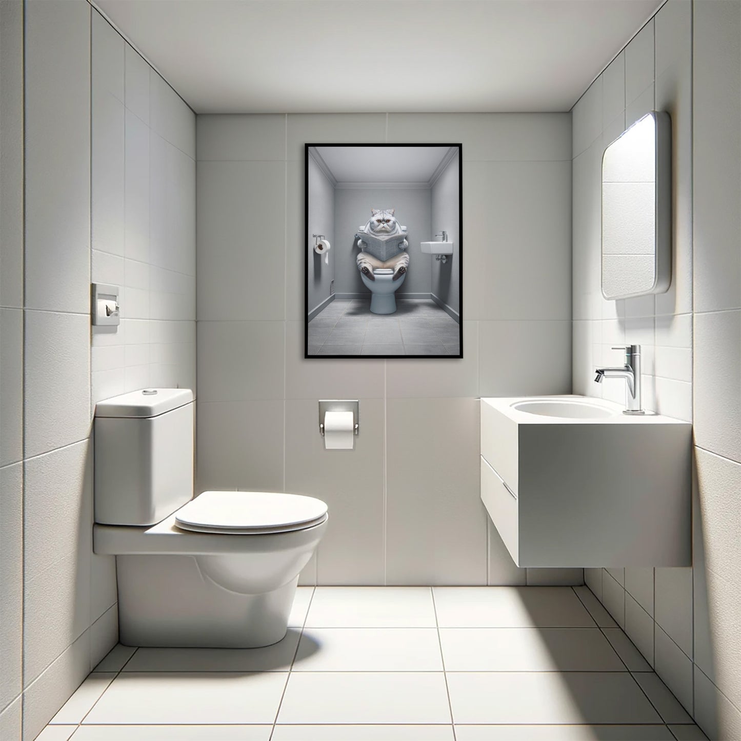 Affiche Murale Humour: Chat Gris Exotic Shorthair sur Toilettes - Déco WC Salle de Bain, Cadeau Original