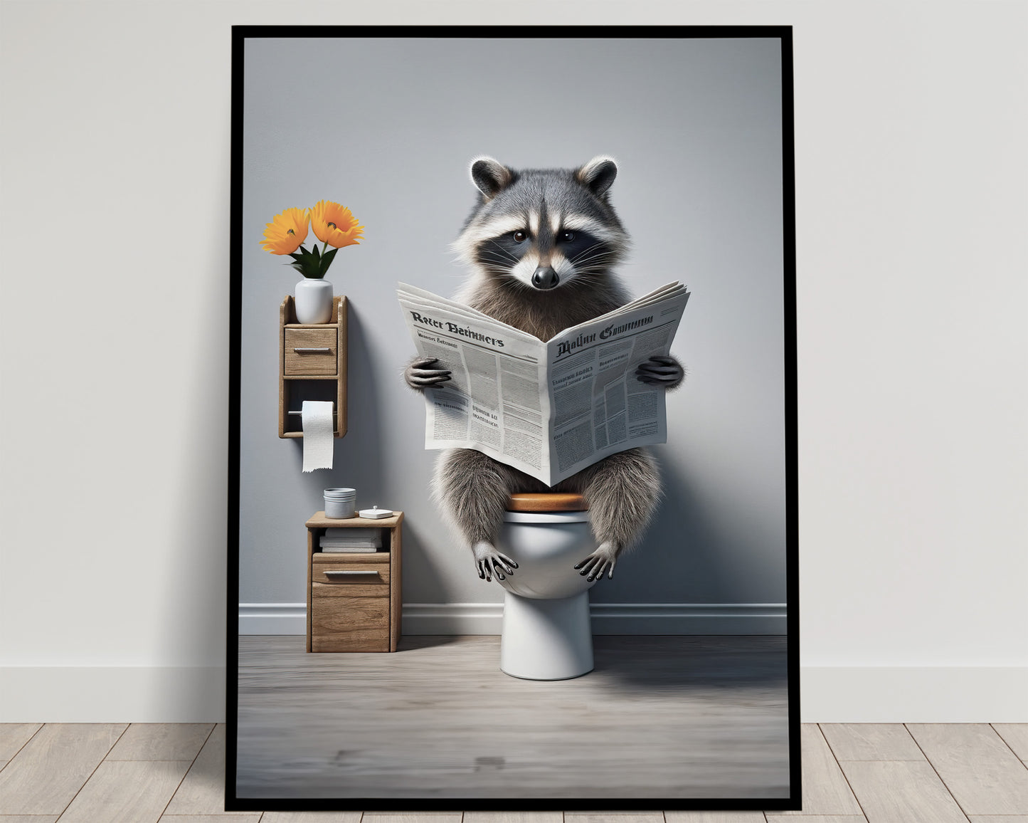 Raccoon Reading Newspaper Poster - Funny Bathroom Wall Art Decor - Unique WC Toilet Poster Gift