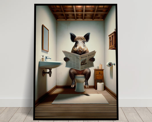 Quirky Boar Reading Newspaper Bathroom Wall Art - Funny WC Toilet Poster & Unique Gag Gift Decor