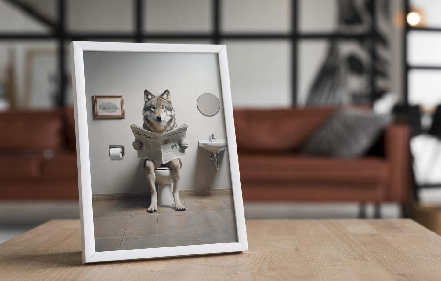 Wolf Reading Newspaper Toilet Poster - Funny Bathroom Decor | Unique Wall Art Gift for WC