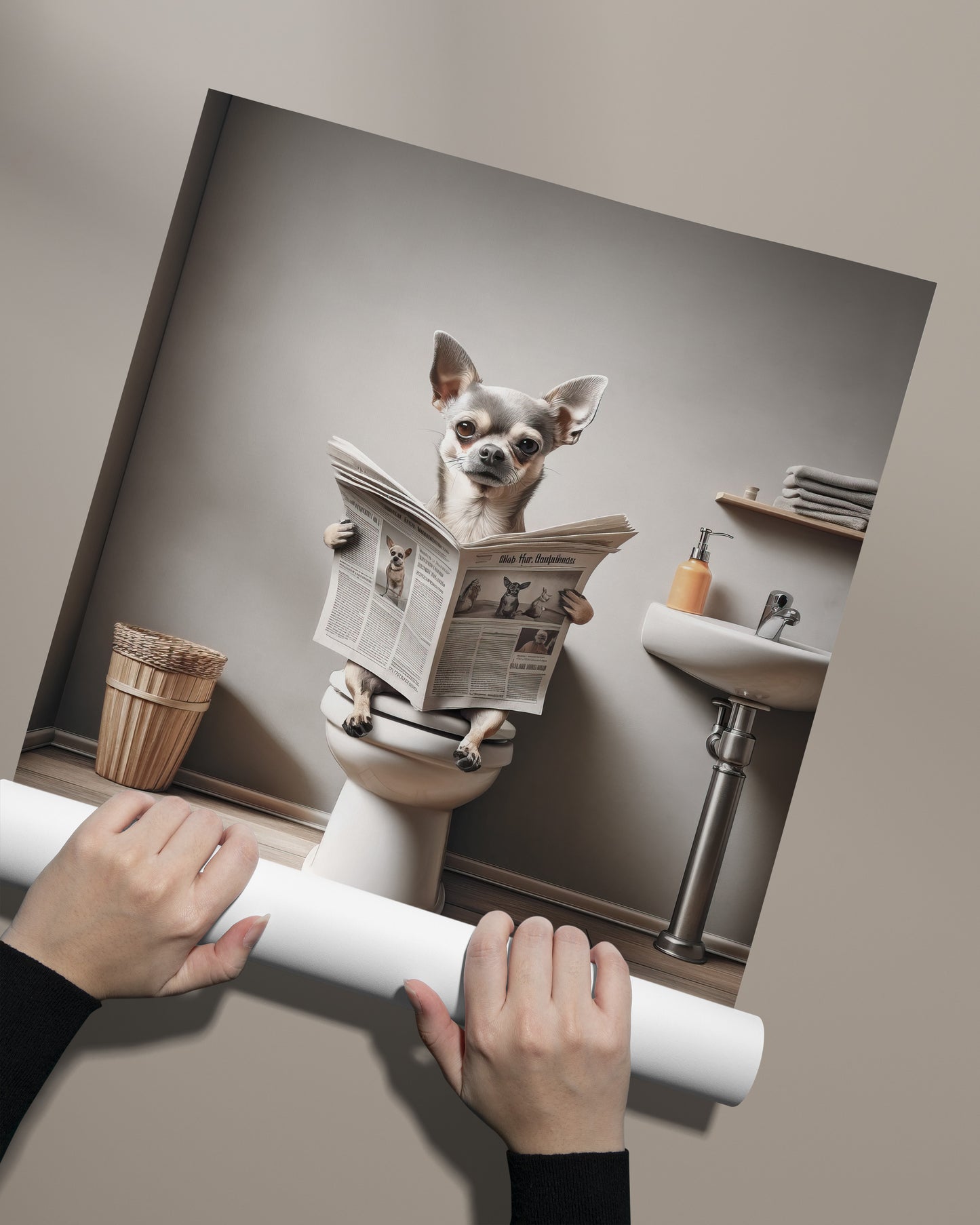 Poster Humoristique : Chihuahua Lisant sur Toilettes, Décoration Salle de Bain, Cadre Déco WC, Cadeau Amusant