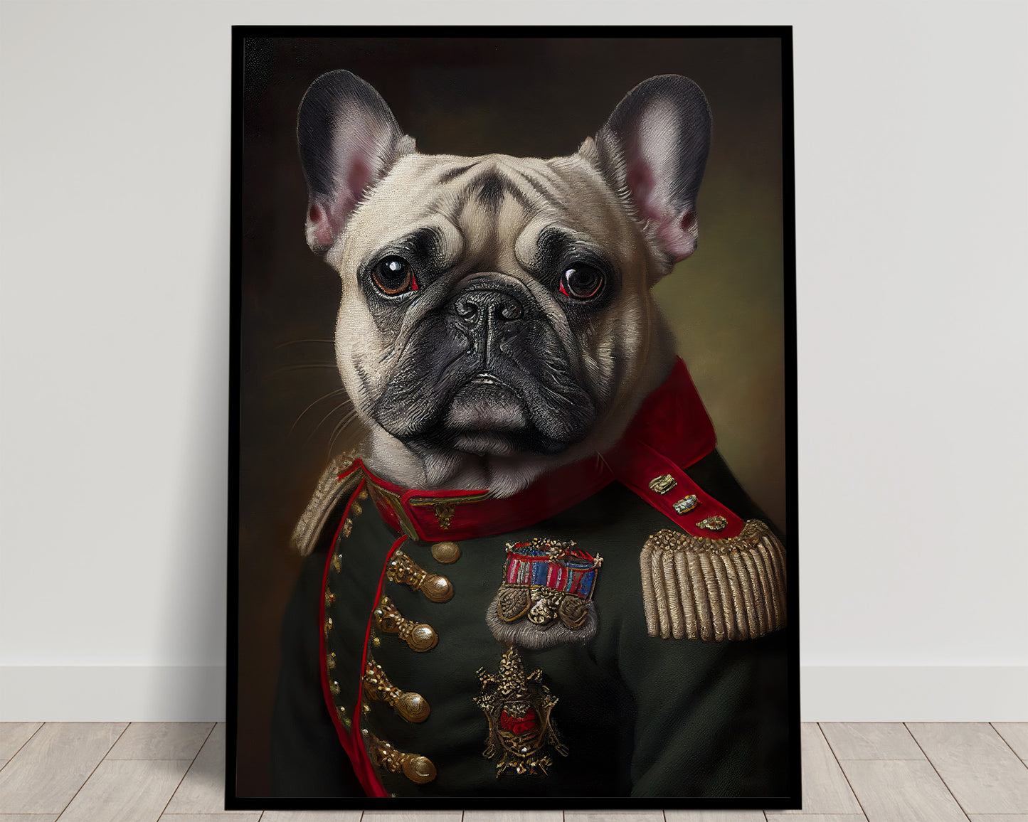 Poster mural : Portrait d'un Bulldog Français en Uniforme Militaire - Affiche murale chien, Décoration animale à encadrer