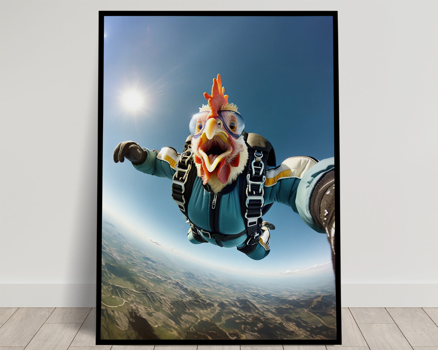 Epic Skydiving Chicken Poster – Unique Animal Print Wall Art for Extreme Sport Fans & Animal Lovers Decor