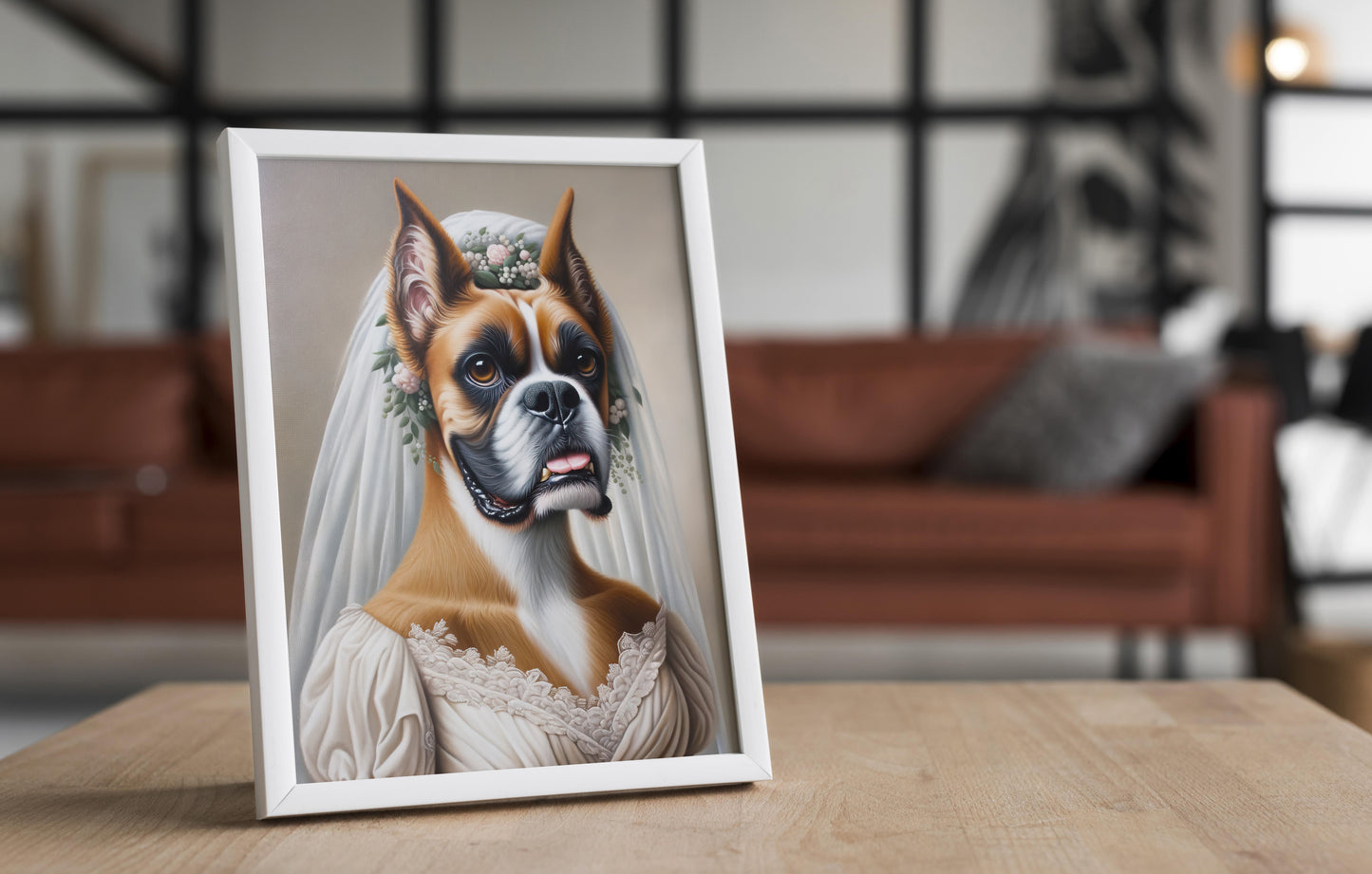 "Funny Boxer Dog in Wedding Dress Poster – Unique Animal Wall Art Decor – Bride Themed Gift"