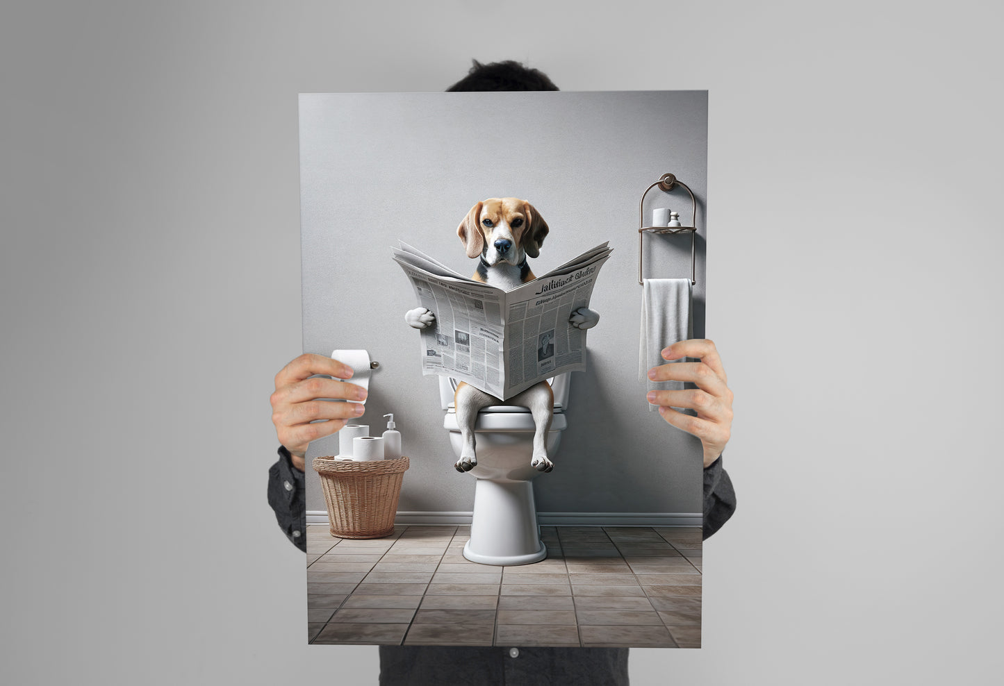 Poster Humoristique : Beagle Lisant le Journal aux Toilettes, Décoration Salle de Bain, Cadre et Cadeau Fun