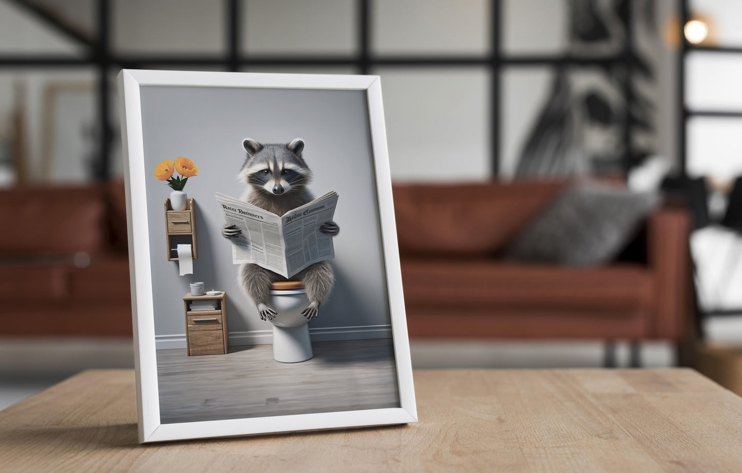 Raccoon Reading Newspaper Poster - Funny Bathroom Wall Art Decor - Unique WC Toilet Poster Gift