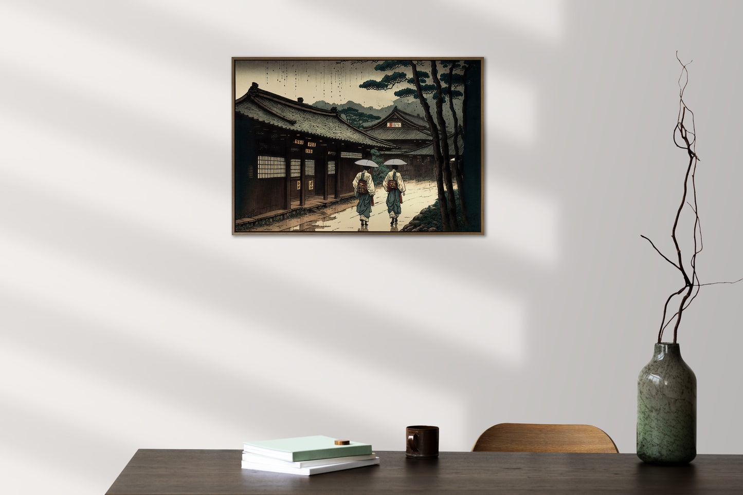 Poster de Village Japonais sous la Pluie - Illustration Art Nippon - Décoration Murale Orageuse - Affiche à Encadrer