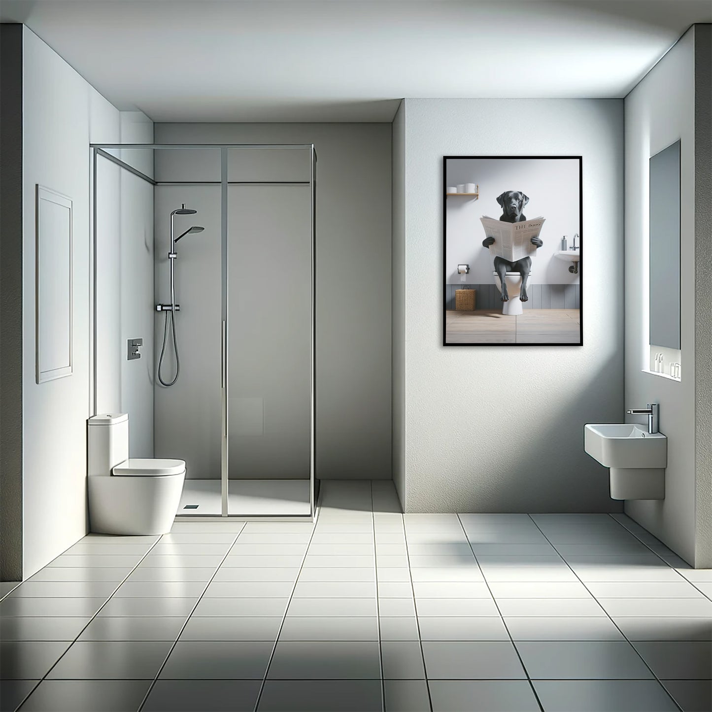 Funny Black Lab Bathroom Wall Art - Unique Poster of Dog Reading Newspaper on Toilet - Comical WC Decor & Gift