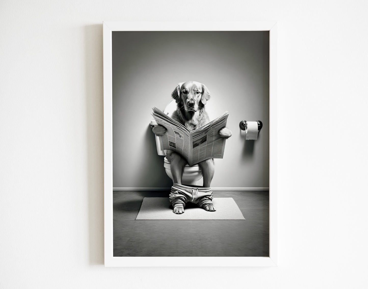 Golden Retriever Reading on Toilet - Fun Bathroom Decor Wall Art, Black and White WC Toilet Poster Gift