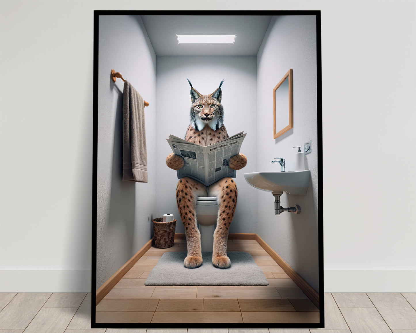 Lynx Reading Newspaper Toilet Poster - Funny Bathroom Wall Art Decor - Unique Gag Gift Print for WC