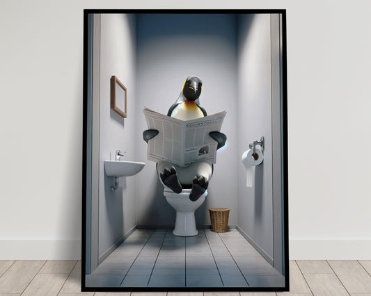 Emperor Penguin Reading Newspaper Funny Poster - Bathroom Wall Art Decor - Unique WC Toilet Artwork Gift