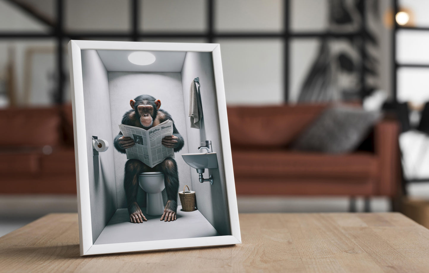 Poster Chimpanzé lisant le journal, Décoration Humour WC, Cadre Art Salle de bain, Idée Cadeau Amusante