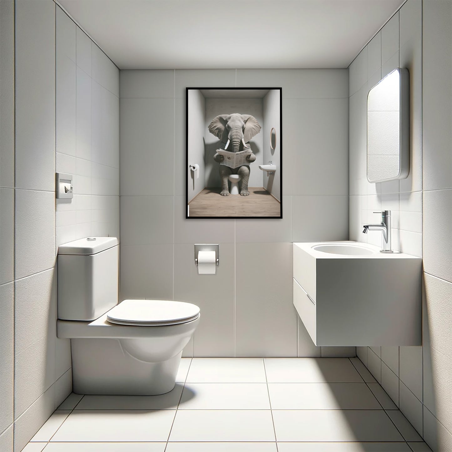 Funny Elephant Reading Newspaper Toilet Poster - Unique Bathroom Wall Art Decor - Perfect Funny WC Gift