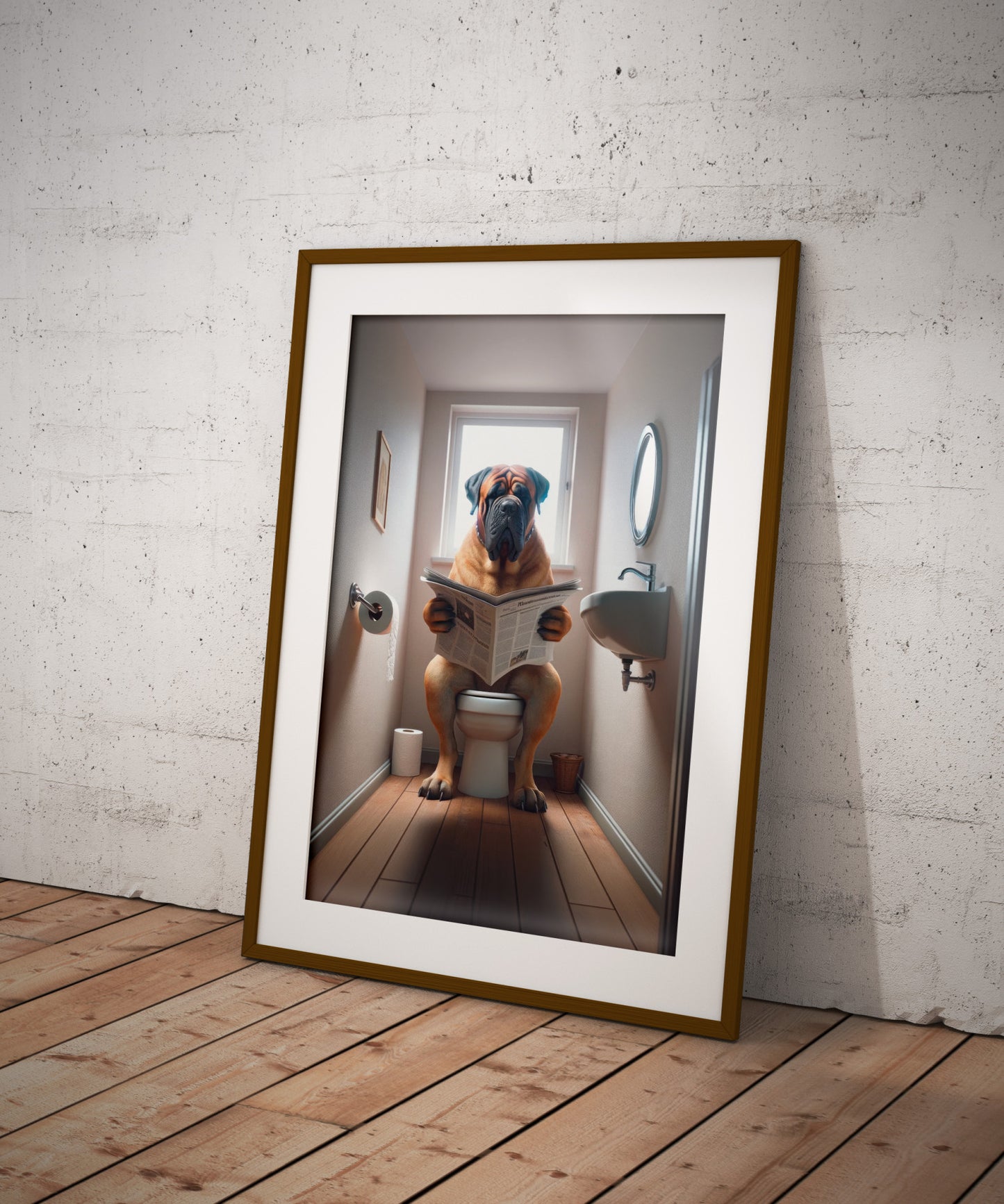 Bullmastiff Dog Reading Newspaper Poster – Funny Bathroom Wall Art, Gag Gift – WC Toilet Decor