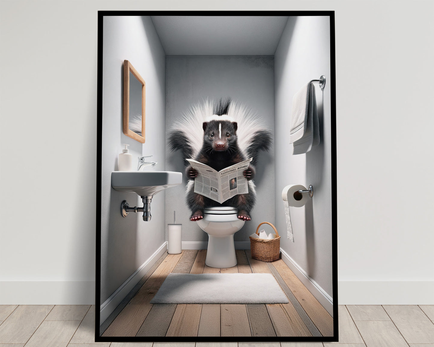 Funny Skunk Reading Newspaper Toilet Poster - Unique Bathroom Wall Art & Gag Gift Decor for WC