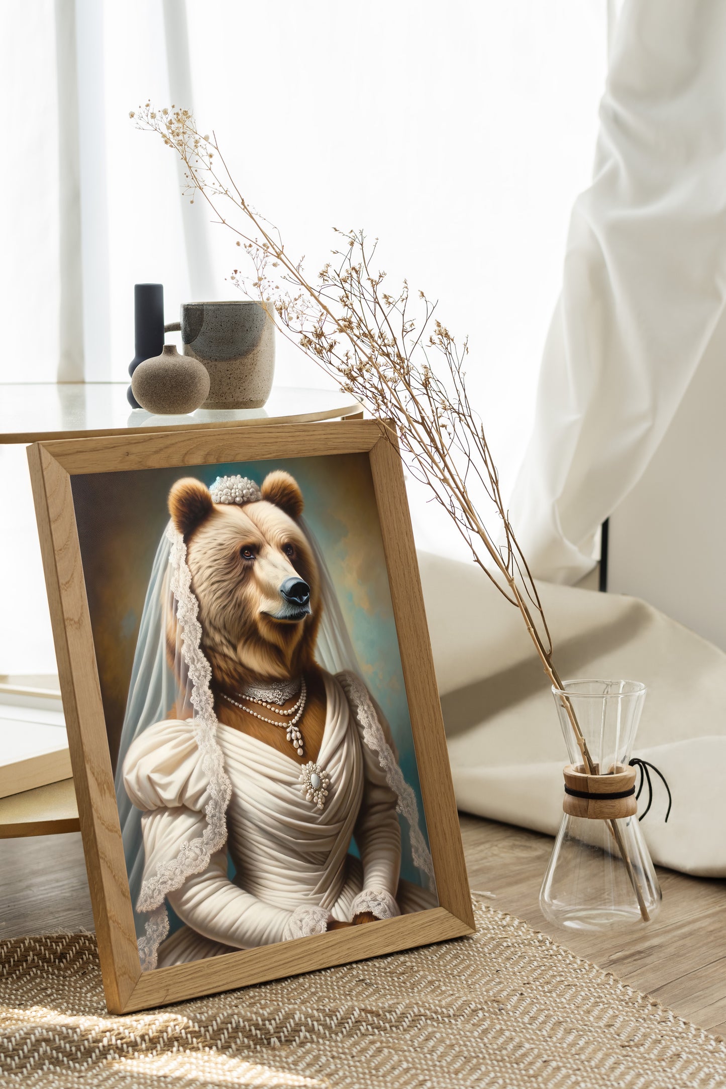 Brown Bear in Wedding Dress Poster – Funny Animal Wall Art, Unique Gift, Bride Decor, Cute Bear Artwork