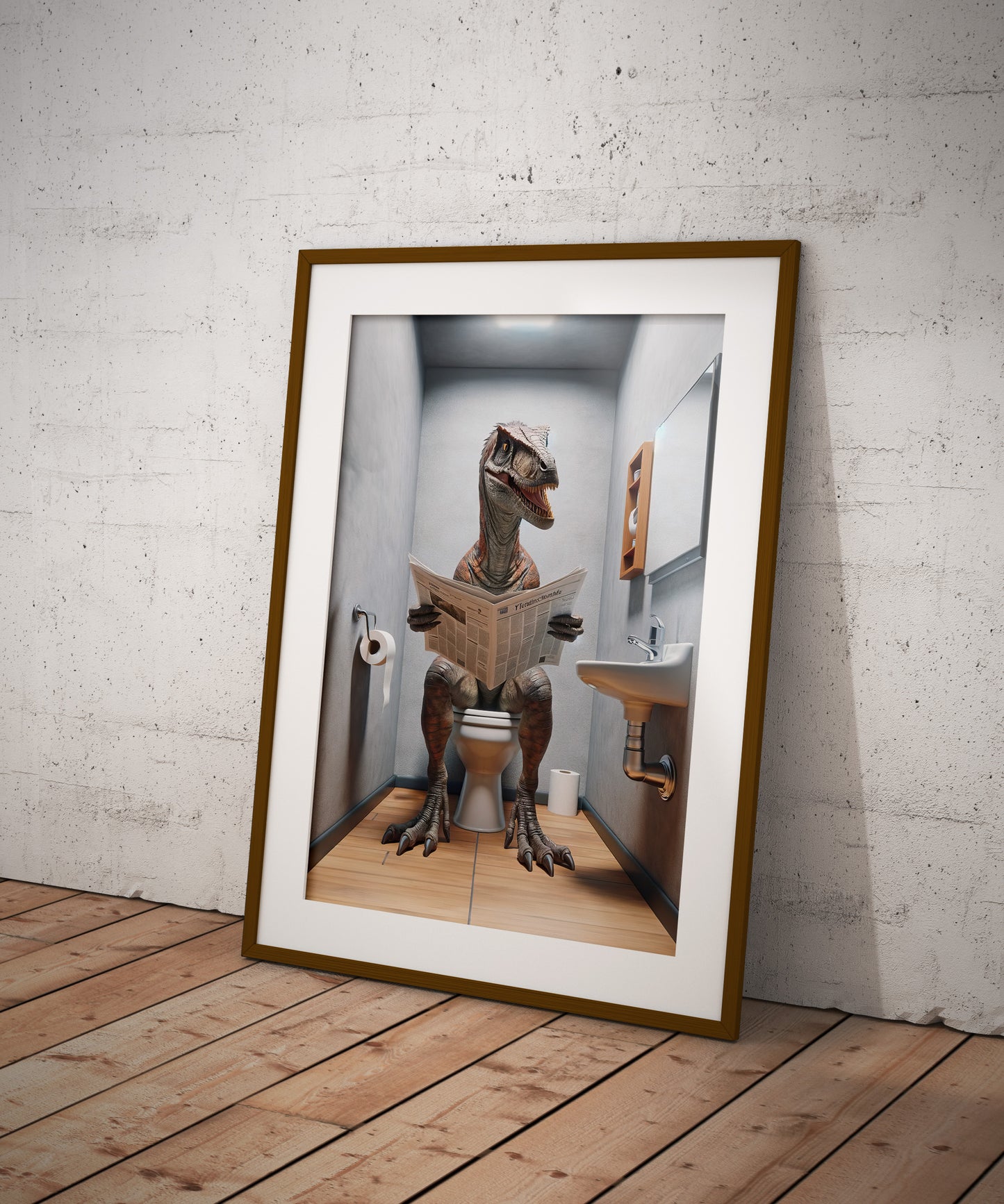 Velociraptor Reading Newspaper Toilet Poster – Funny Bathroom Wall Art Décor, Unique Gag Gift