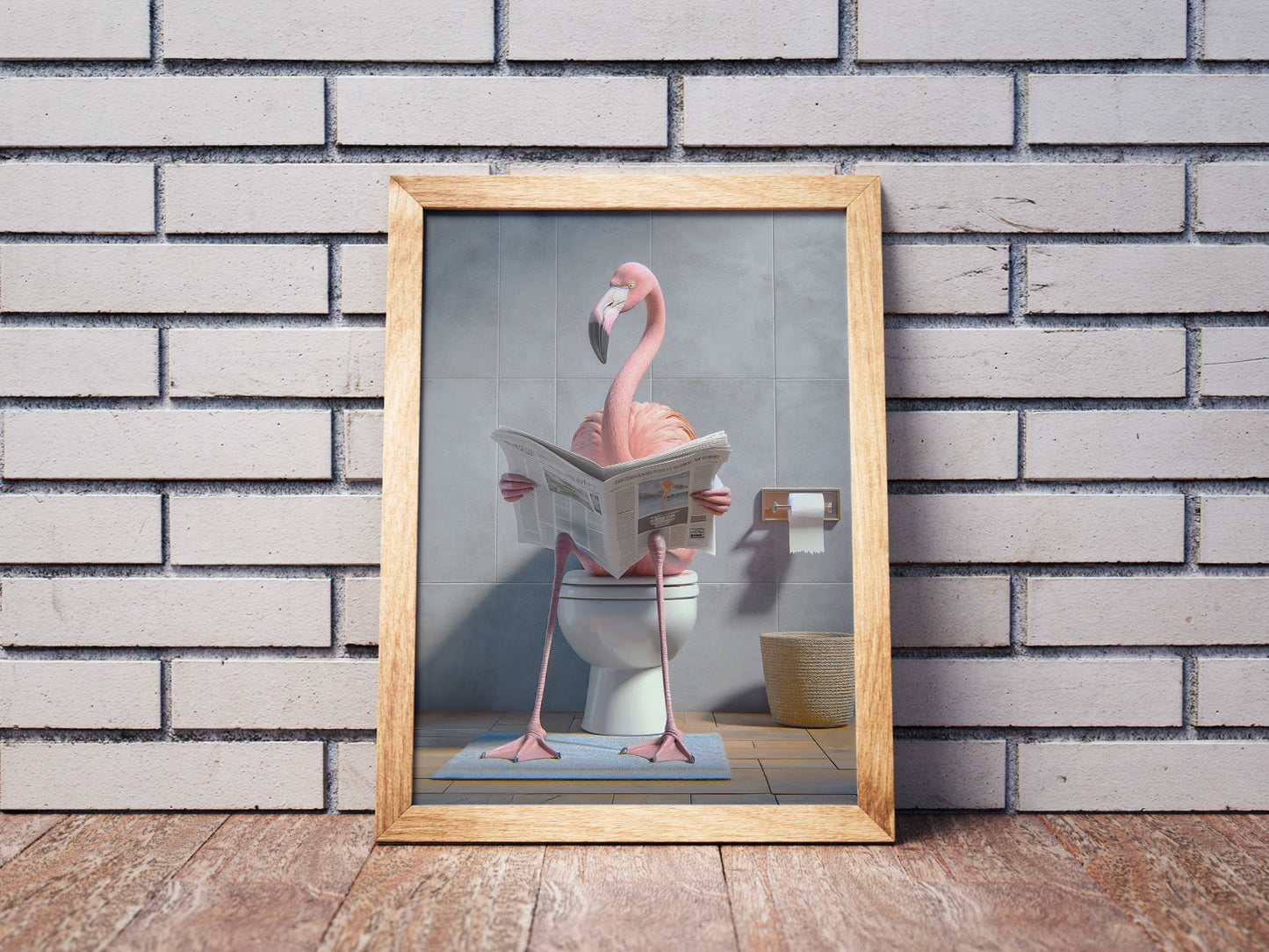 Poster Humour : Flamant Rose lisant le journal sur les toilettes, Décoration Salle de bain, Cadre WC, Cadeau Amusant