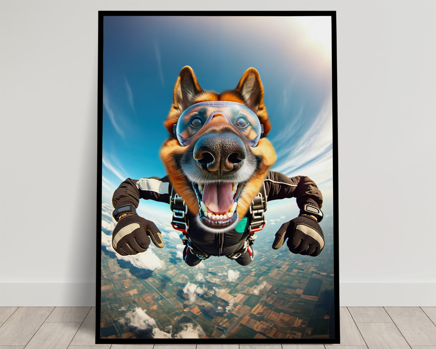 Poster Berger Allemand en chute libre, Affiche déco Skydiving Chien, Parachute Sport Extrême, Cadeau original